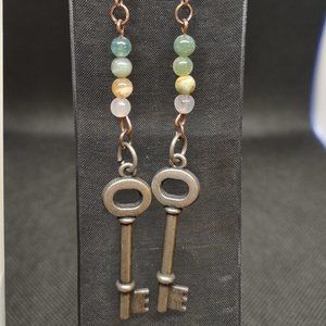 NEW - STEAMPUNK Handmade One-of-a-Kind Key and Green Fancy Jasper Bead Earrings